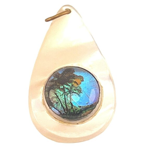 Butterfly Pendant Reverse Painted on Glass Mother of Pearl - Picture 2 of 5